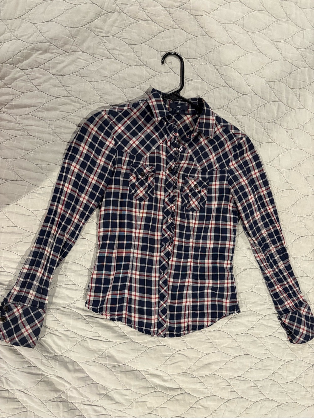 GAP Vintage Plaid Button-Down Shirt with Ruffle and Pocket Details